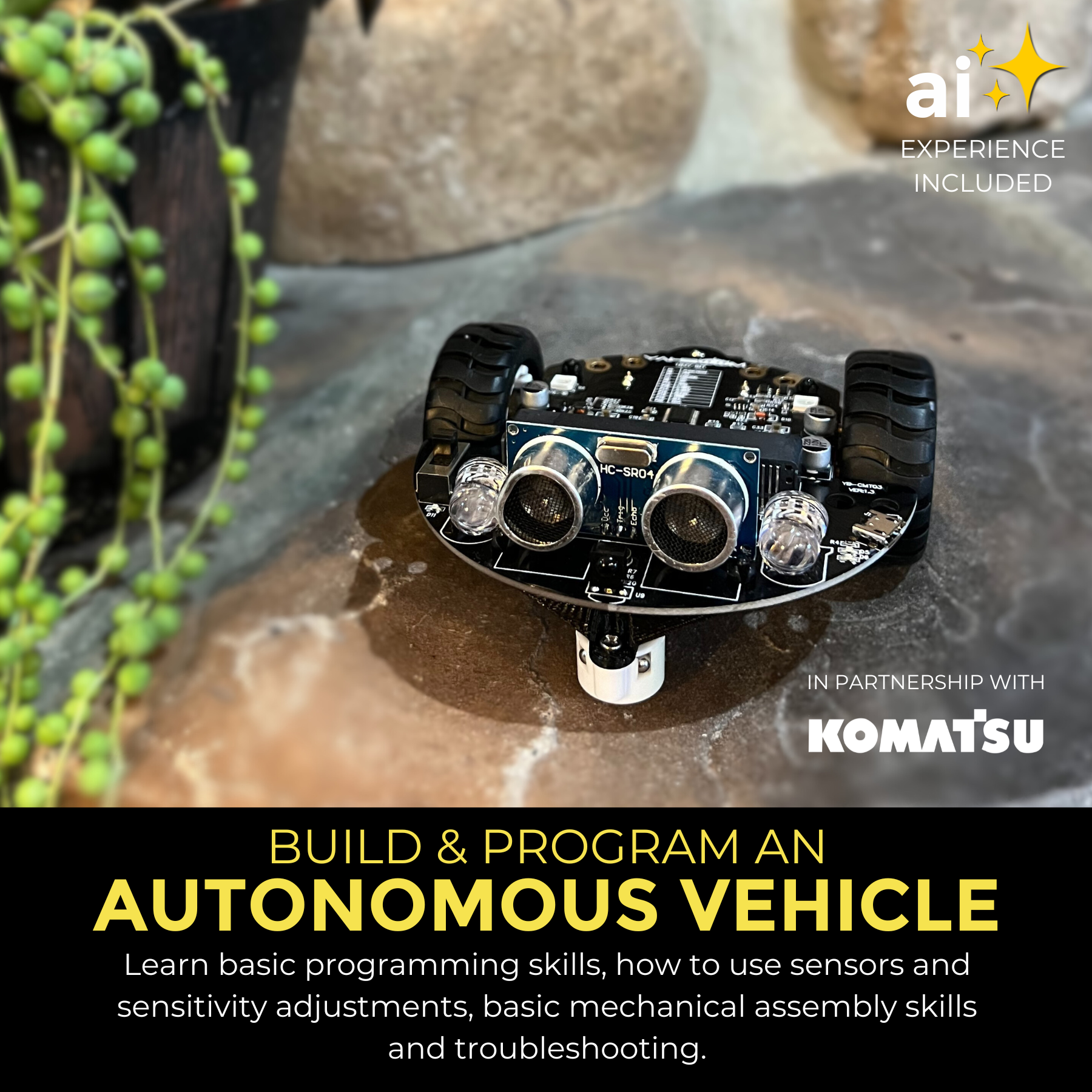 Kids assemble an autonomous vehicle from a STEM kit, exploring robotics and engineering skills.