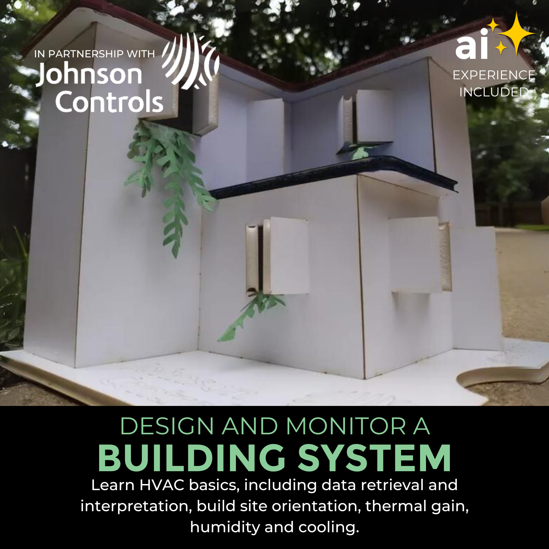 Kids build a model building from a STEM project to explore temperature and humidity control.