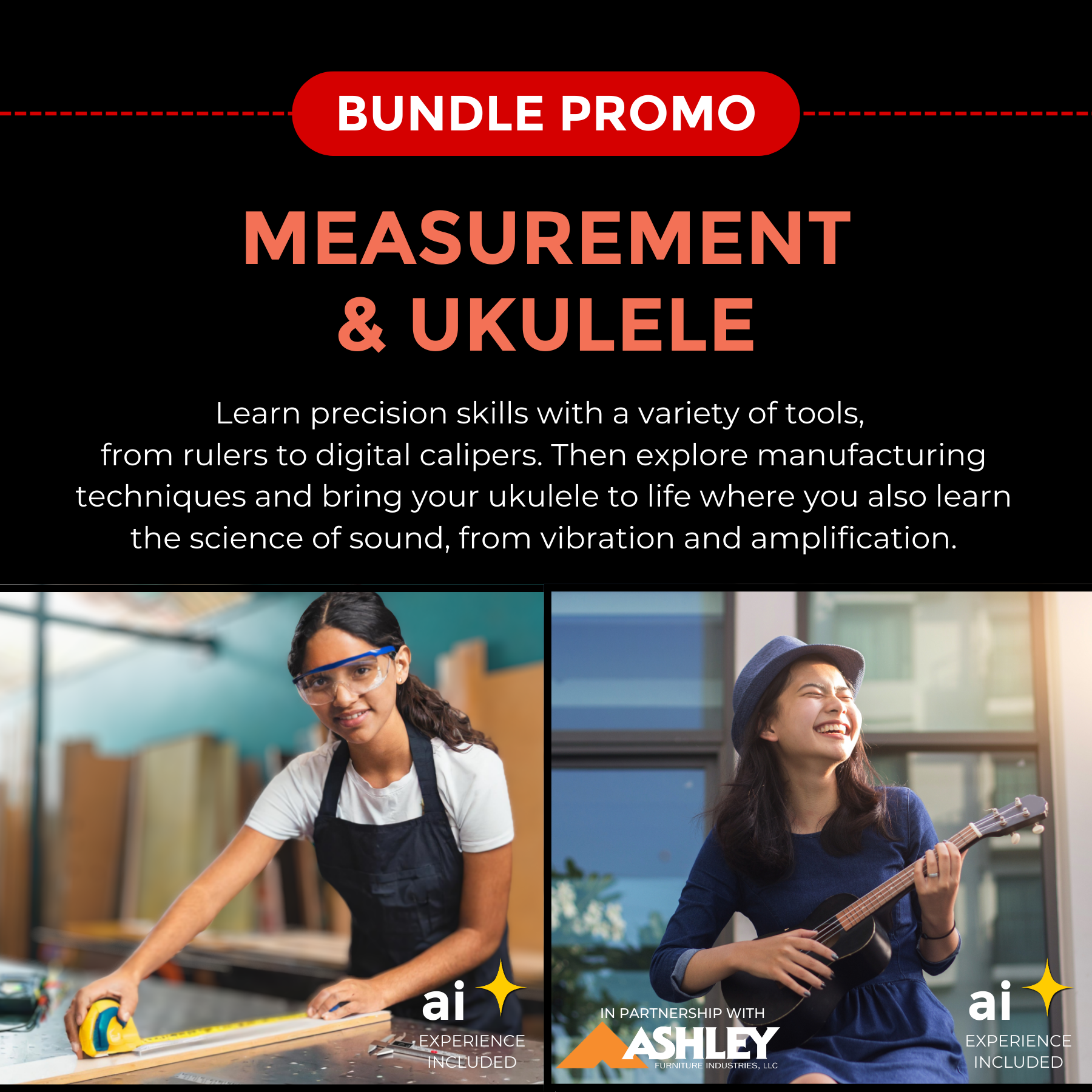 Two STEM project kits: one for measurement tools and another for building a ukulele, bundled together.