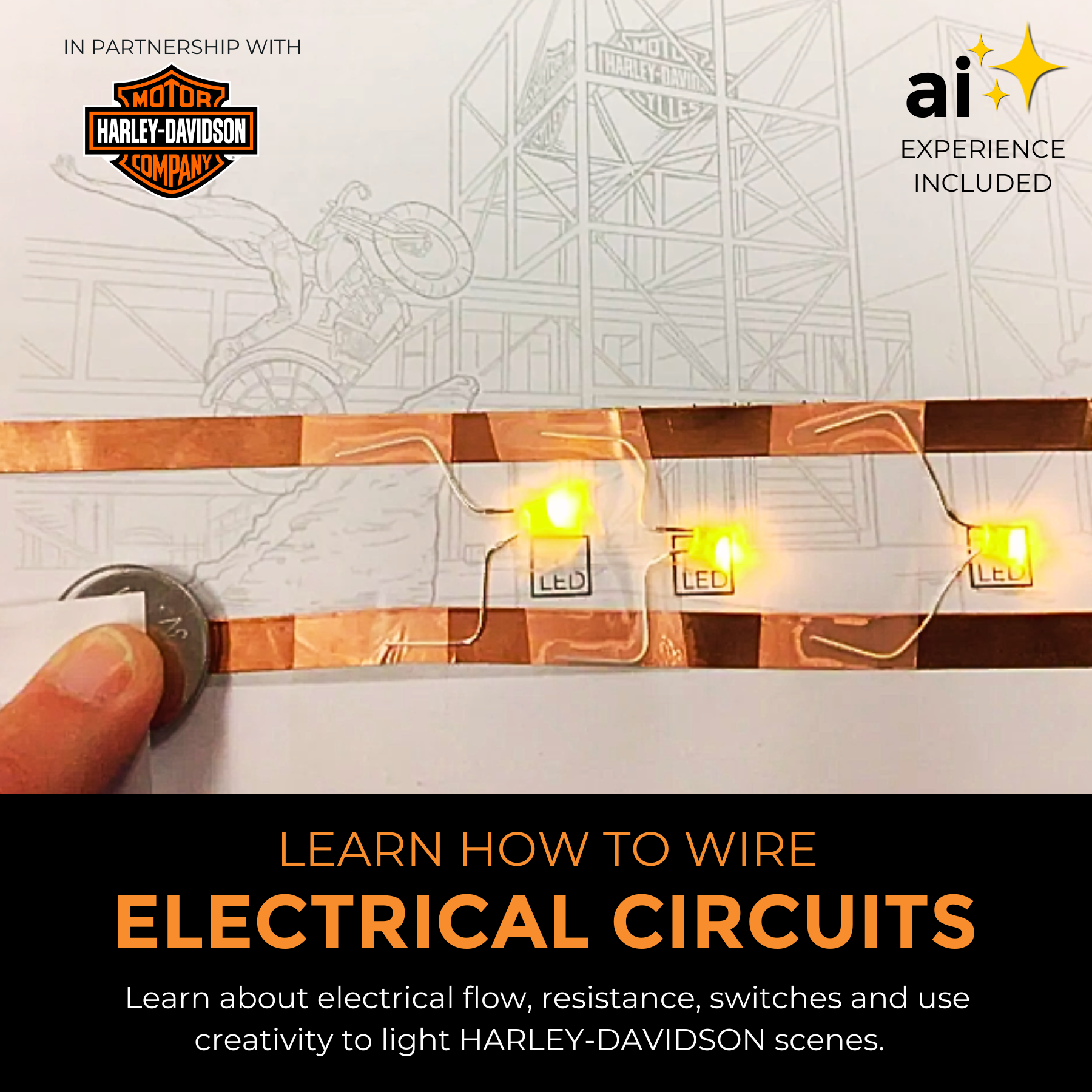 Kids building circuits with glowing Harley-Davidson models from a STEM kit.