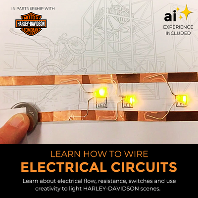 Kids building circuits with glowing Harley-Davidson models from a STEM kit.