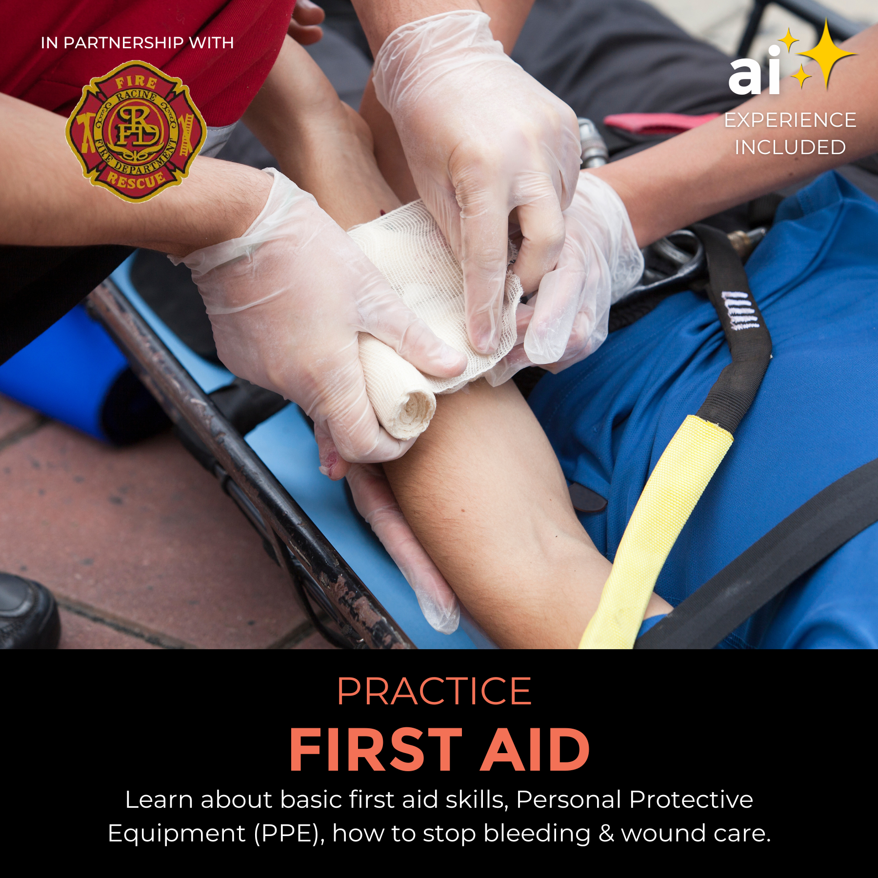 Kids practicing first aid techniques from a STEM project, using real medical supplies.
