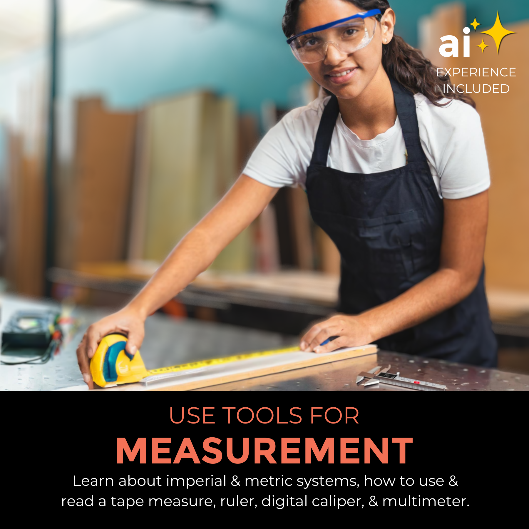 Kids use rulers, calipers, and multimeters from a STEM Measurement Kit to practice precision.
