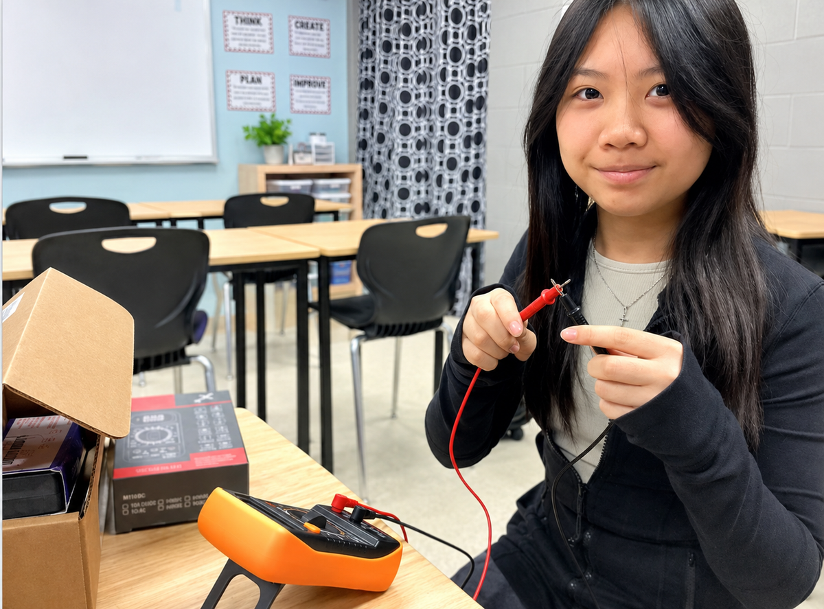 Person in a classroom setting holding electrical equipment