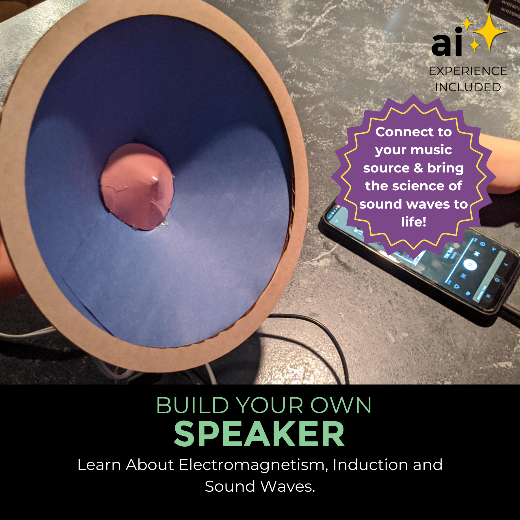 Kids assemble a speaker from a STEM kit to learn how electrical energy creates sound.