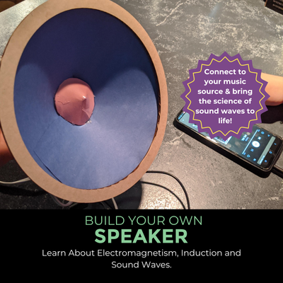 Kids assemble a speaker from a STEM project to learn how electrical energy creates sound.