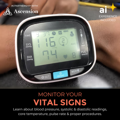 Kids use vital signs monitor from a STEM kit to learn about healthcare applications.