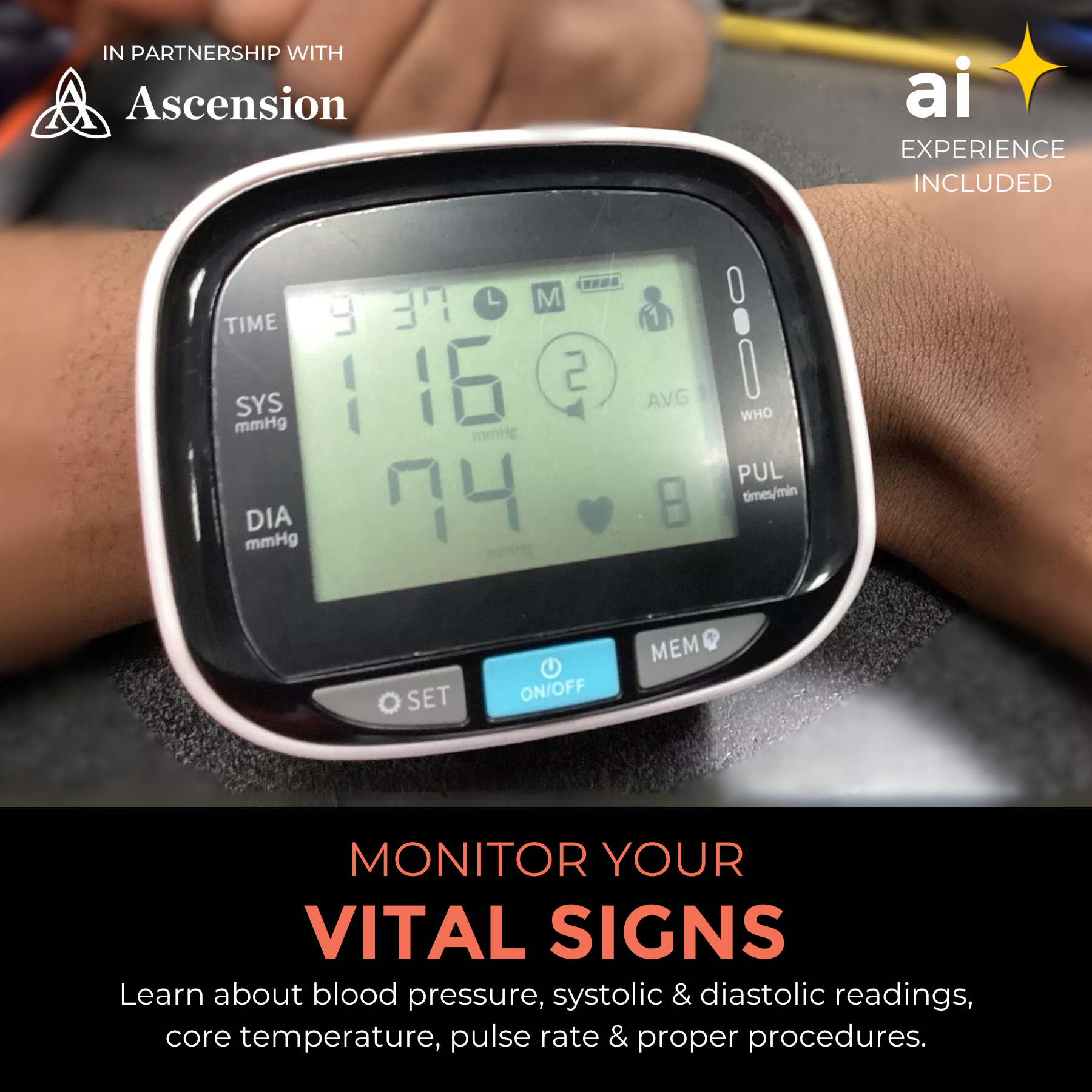 Kids use vital signs monitor from a STEM project to learn about healthcare applications.